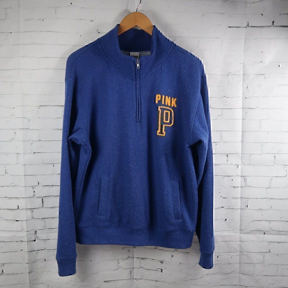 PINK VICTORIA'S SECRET BLUE SPECK QUARTER ZIP PULLOVER SWEATSHIRT APPLIQUE LOGO